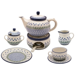 Tee Kaffee SET für 6 Personen Teekanne mit Stövchen Tassen Dessertteller Zuckerdose Milchkännchen