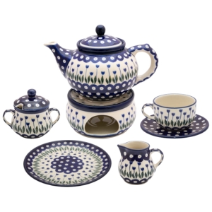 Tee Kaffee SET für 6 Personen Teekanne mit Stövchen Tassen Dessertteller Zuckerdose Milchkännchen