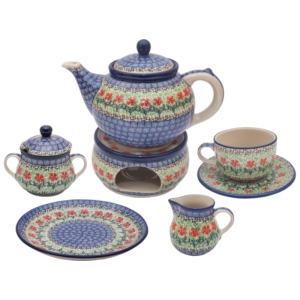 Tee Kaffee SET für 6 Personen Teekanne mit Stövchen Tassen Dessertteller Zuckerdose Milchkännchen