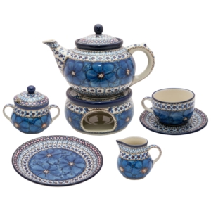 Tee Kaffee SET für 6 Personen Teekanne mit Stövchen Tassen Dessertteller Zuckerdose Milchkännchen